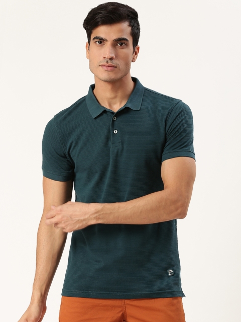 

United Colors of Benetton Men Teal Green Self-Striped Polo Collar T-shirt