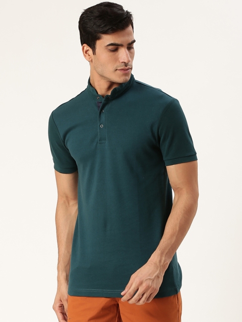 

United Colors of Benetton Men Teal Green Solid Stand Collar T-shirt