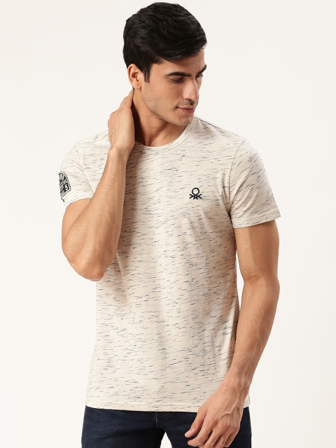 

United Colors of Benetton Men Off-White & Navy Blue Slub Effect Round Neck T-shirt