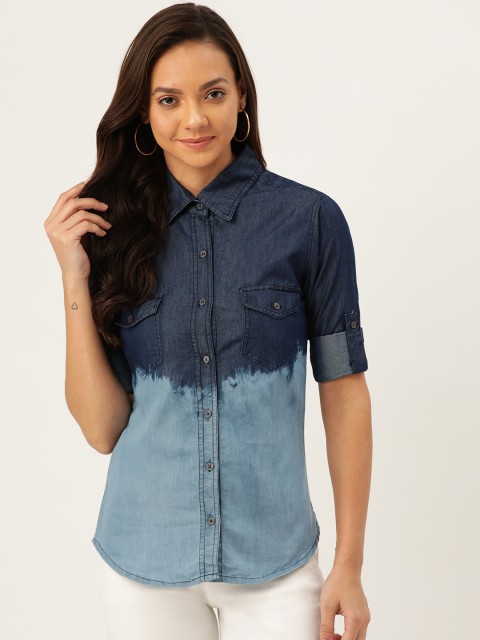 

ANTS Women Blue Smart Regular Fit Colourblocked Casual Denim Shirt