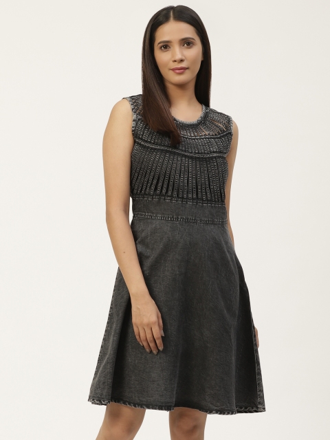 

ANTS Women Charcoal Grey Solid Denim A-Line Dress