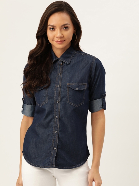 

ANTS Women Navy Blue Smart Regular Fit Solid Casual Denim Shirt