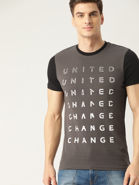 

United Colors of Benetton Men Charcoal Grey White Printed Round Neck Pure Cotton T-shirt