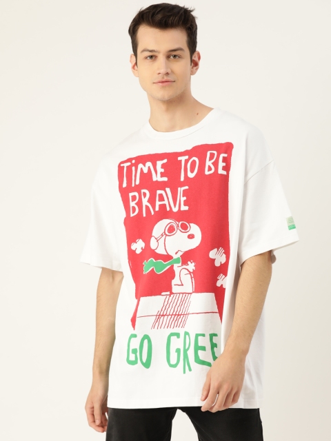 

United Colors of Benetton Men White & Red Printed Round Neck Longline T-shirt