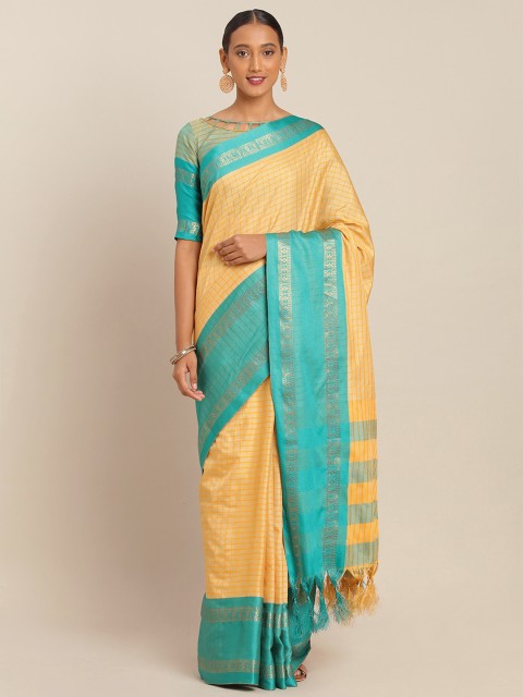 

Mitera Mustard Yellow & Orange Polycotton Woven Design Kota Saree
