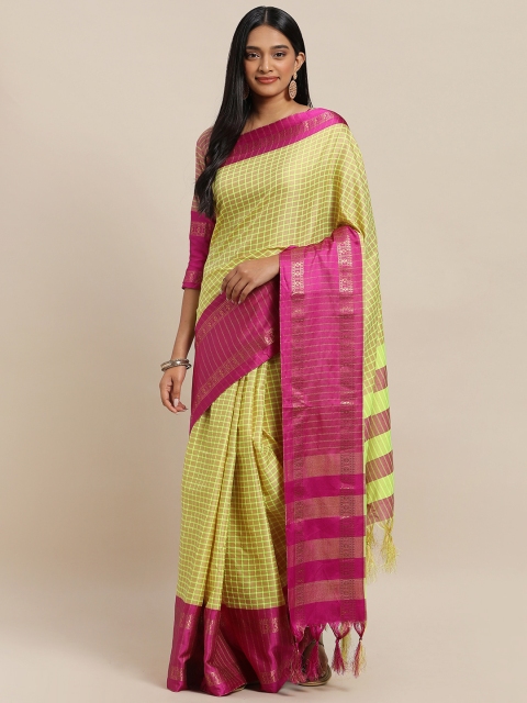 

KALINI Green & Pink Polycotton Checked Kota Saree