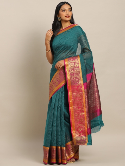

KALINI Teal & Pink Polycotton Woven Design Semi Sheer Kota Saree