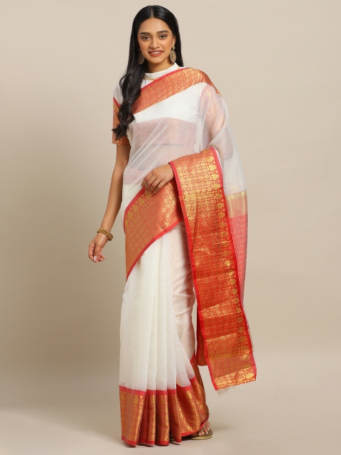 

KALINI White & Red Polycotton Solid Kota Saree