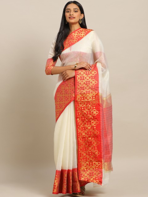 

KALINI Cream-Coloured & Red Polycotton Woven Design Kota Saree