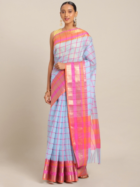 

KALINI Turquoise Blue & Pink Polycotton Checked Kota Saree