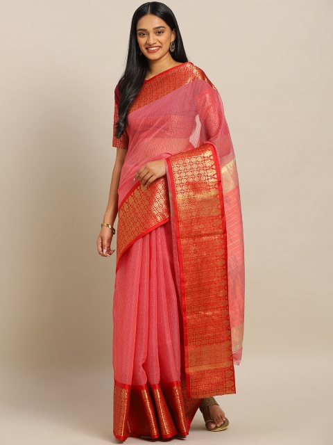 

KALINI Red & Gold-Toned Polycotton Woven Design Semi Sheer Kota Saree