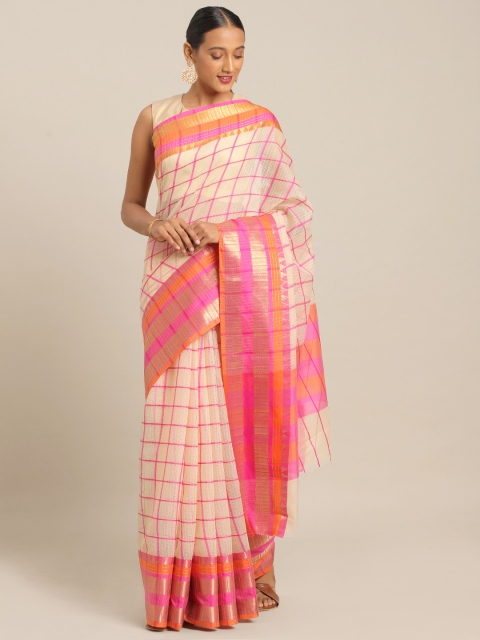 

KALINI Beige & Pink Polycotton Woven Design Kota Saree