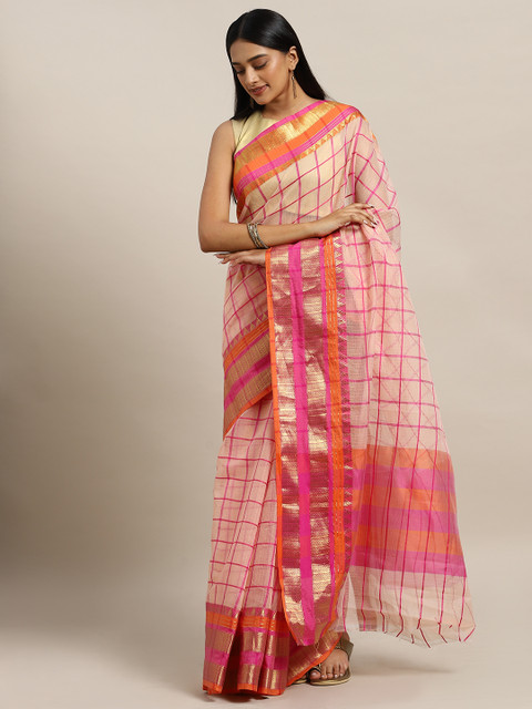 

KALINI Beige & Pink Polycotton Checked Kota Saree