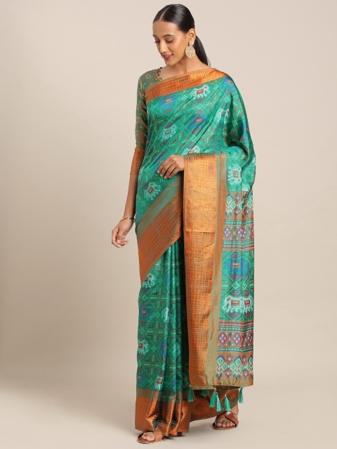 

KALINI Green & Brown Silk Cotton Printed Patola Saree