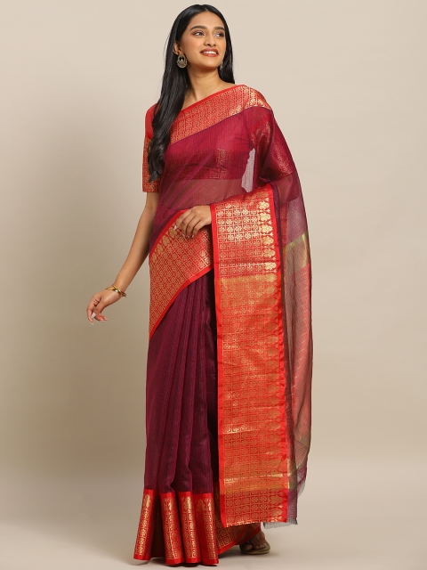 

KALINI Red & Gold-Toned Polycotton Woven Design Semi Sheer Kota Saree