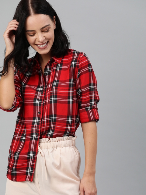 

HERE&NOW Women Red & Black Regular Fit Checked Casual Shirt