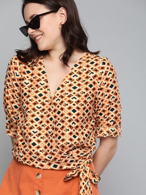 

HERE&NOW Women Orange & Black Printed Wrap Top with Waist-Tie Up