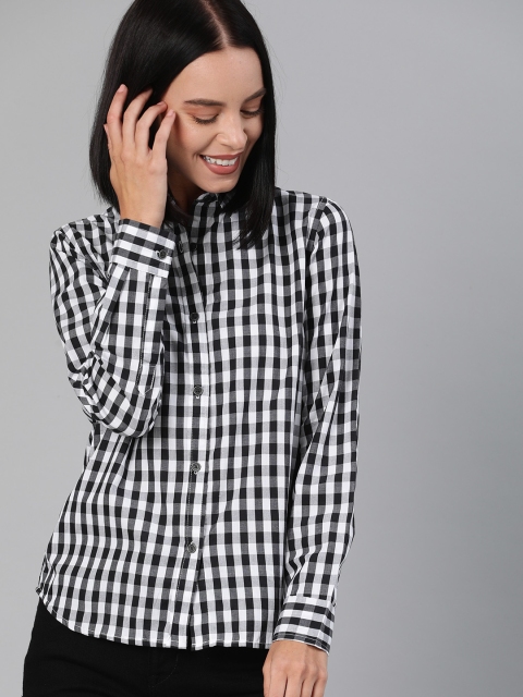 

HERE&NOW Women Black & White Regular Fit Checked Casual Shirt