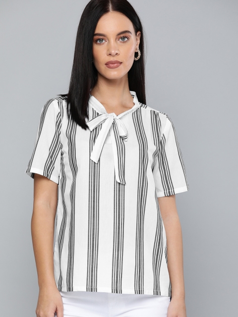 

HERE&NOW Women White Striped Pure Cotton Top With Tie-up Neck