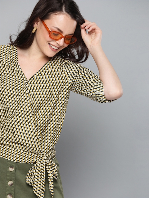 

HERE&NOW Women Green & Black Printed Wrap Top With Waist Tie-Ups