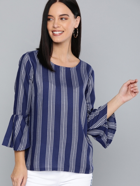 

HERE&NOW Women Navy Blue & White Striped Top With Bell Sleeve