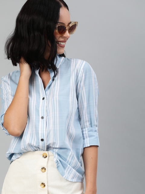 

HERE&NOW Women Blue & White Regular Fit Striped Casual Shirt