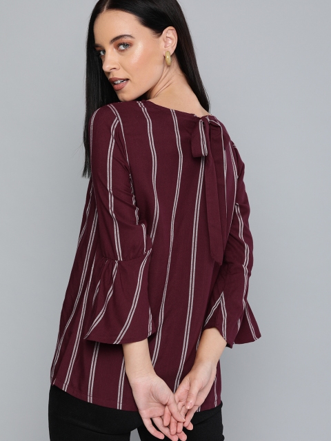 

HERE&NOW Women Brown & White Striped Top With Bell Sleeve