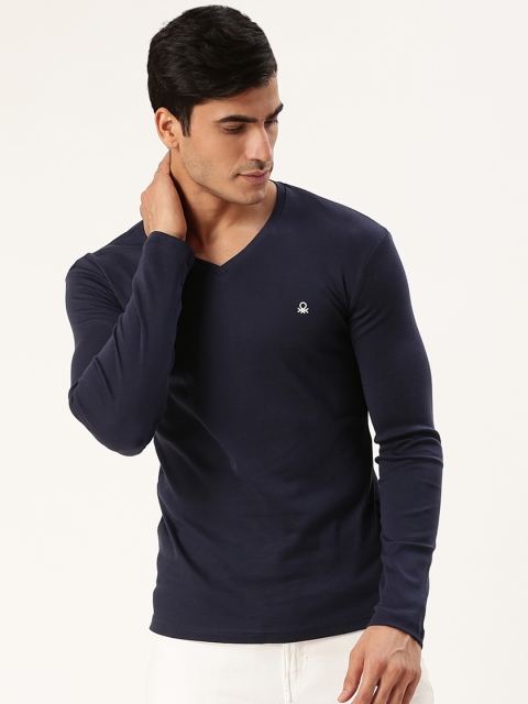 

United Colors of Benetton Men Navy Blue Solid V-Neck T-shirt