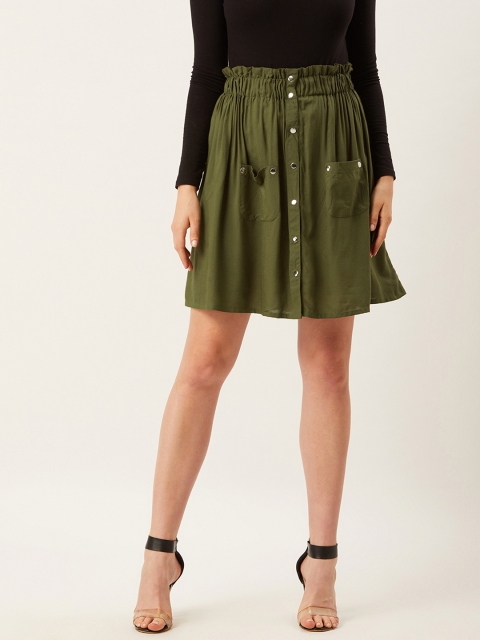 

Alsace Lorraine Paris Women Olive Green Solid A-Line Skirt