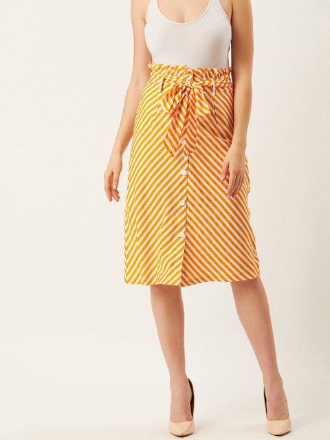 

Alsace Lorraine Paris Women Mustard Yellow & White Striped A-Line Skirt With Belt