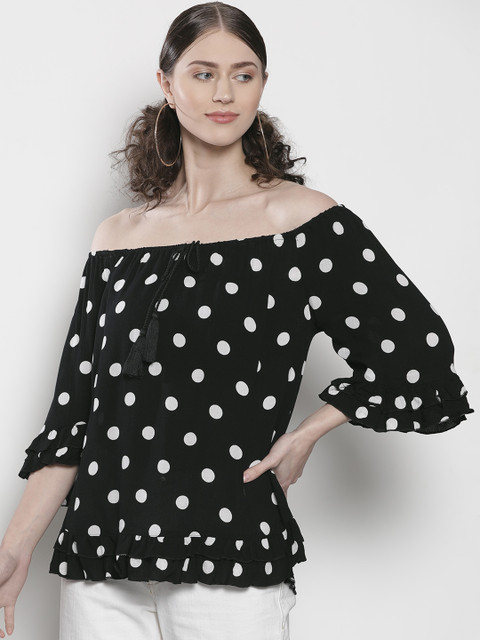 

DOROTHY PERKINS Women Black & White Polka Dot Print Bardot Top