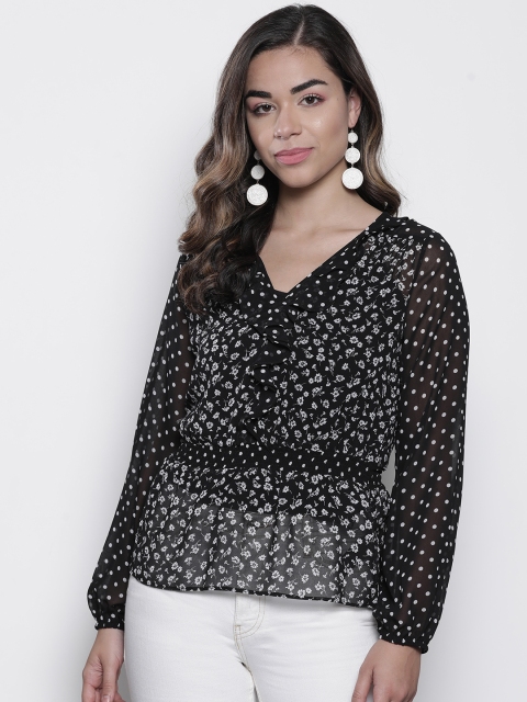 

DOROTHY PERKINS Women Black & White Ditsy Floral Printed Semi-Sheer Cinched Waist Top