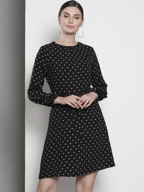 

DOROTHY PERKINS Women Black & Lavender Polka Dot Printed A-Line Dress