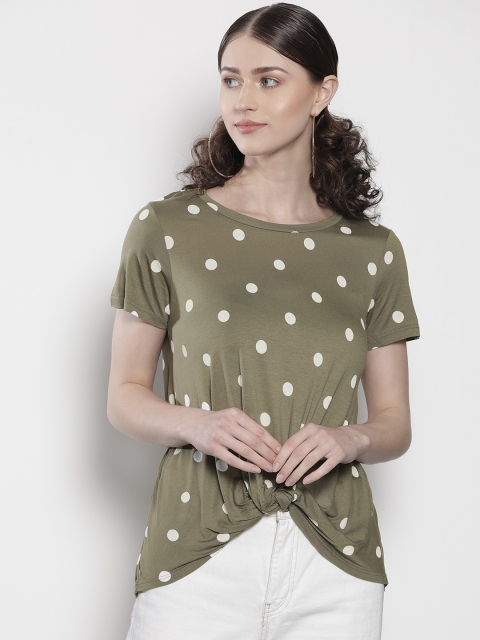 

DOROTHY PERKINS Women Olive Green & White Polka Dot Print Twisted Top