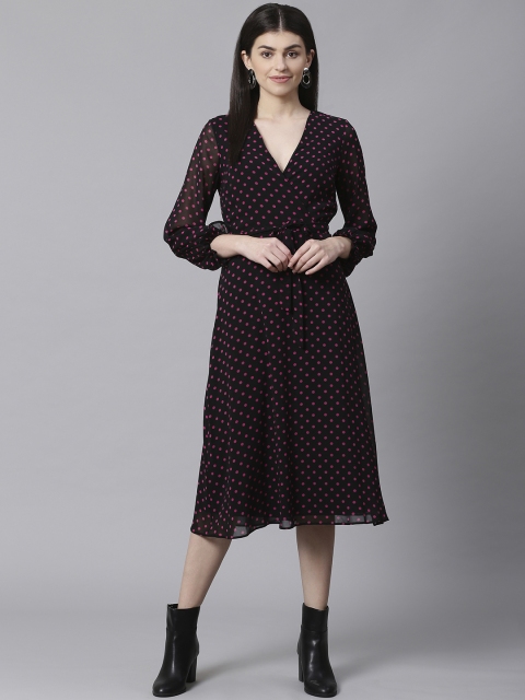 

DOROTHY PERKINS Women Black & Pink Printed Wrap Dress With Belt