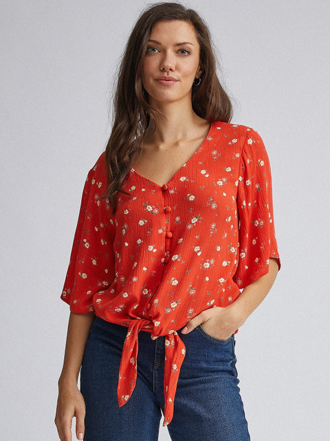 

DOROTHY PERKINS Women Orange & Off-White Printed Cinched Waist Top