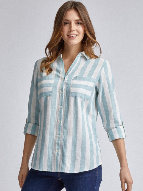 

DOROTHY PERKINS Women White & Blue Regular Fit Striped Casual Shirt