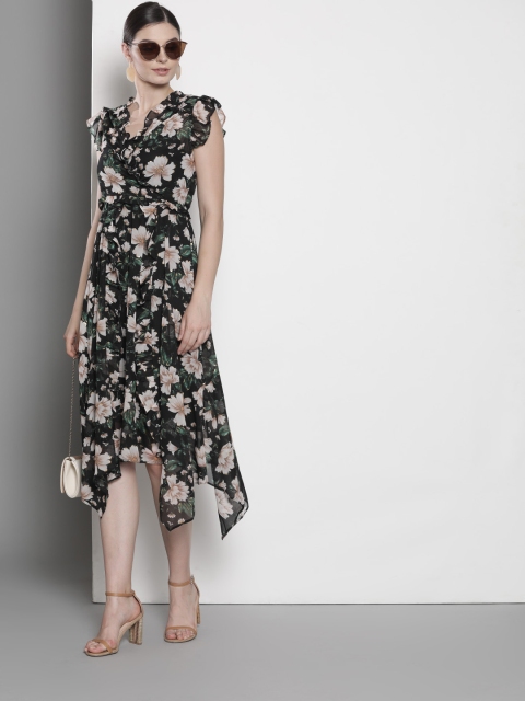 

DOROTHY PERKINS Women Black & Peach-Coloured Floral Printed Wrap Dress