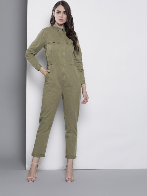 

DOROTHY PERKINS Women Olive Green Denim Solid Basic Jumpsuit