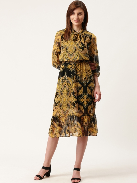 

DOROTHY PERKINS Women Black & Mustard Yellow Printed A-Line Dress