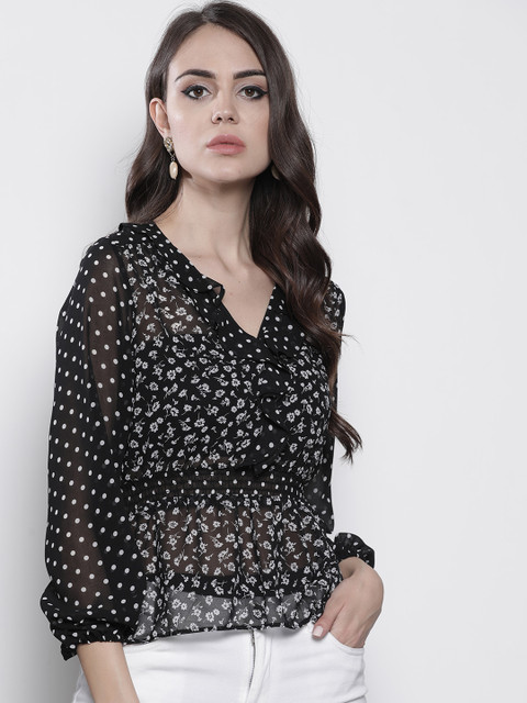 

DOROTHY PERKINS Women Black & White Petite Sheer Printed Cinched Waist Top