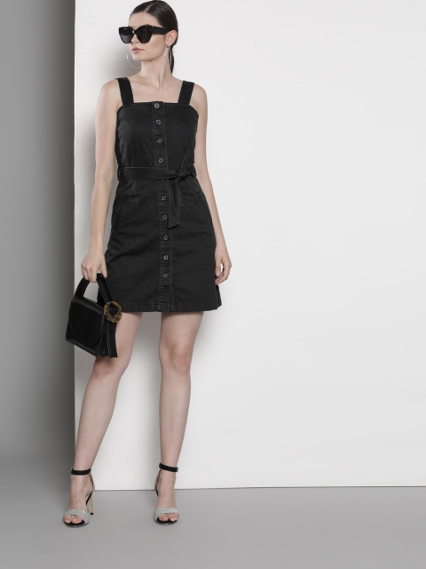 

DOROTHY PERKINS Women Black Denim Solid Pinafore Dress