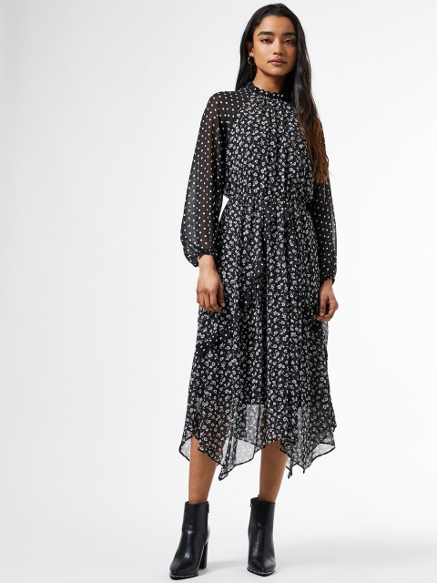 

DOROTHY PERKINS Women Black & White Semi-Sheer Printed A-Line Dress