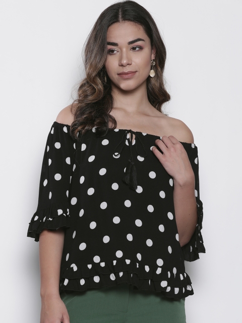 

DOROTHY PERKINS Women Black Petite Polka Dots Print Ruffled Bardot Top