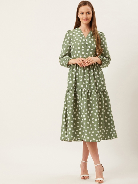 

Alsace Lorraine Paris Women Green & White Polka Dots Printed A-Line Tiered Dress