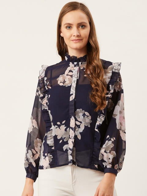 

Alsace Lorraine Paris Women Navy Blue & Grey Semi-Sheer Regular Fit Printed Casual Shirt
