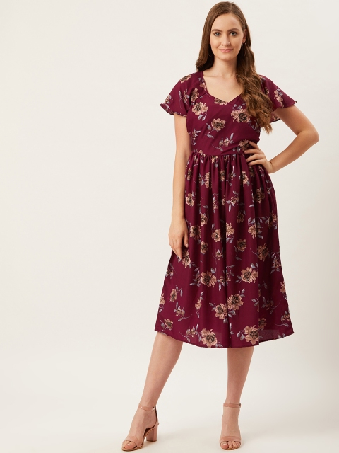 

Alsace Lorraine Paris Women Burgundy & Beige Floral Printed Wrap Dress