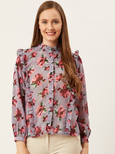 

Alsace Lorraine Paris Women Grey & Pink Semi Sheer Regular Fit Floral Print Casual Shirt
