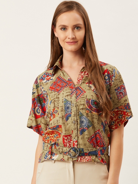 

Alsace Lorraine Paris Women Green & Red Printed Casual Shirt, Beige
