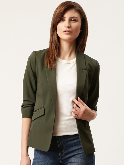 

DOROTHY PERKINS Women Olive Green Petite Solid Open-Front Blazer